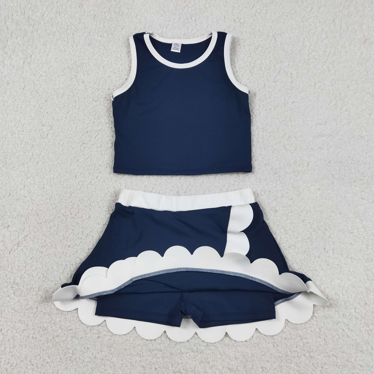 GSD4024 Baby Girls Navy White Sleeveless Vests Skirt Short Yoga Active Scallop Clothes Set