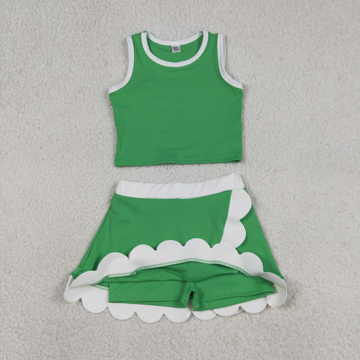GSD4025 Baby Girls Green White Sleeveless Vests Skirt Short Yoga Active Scallop Clothes Set