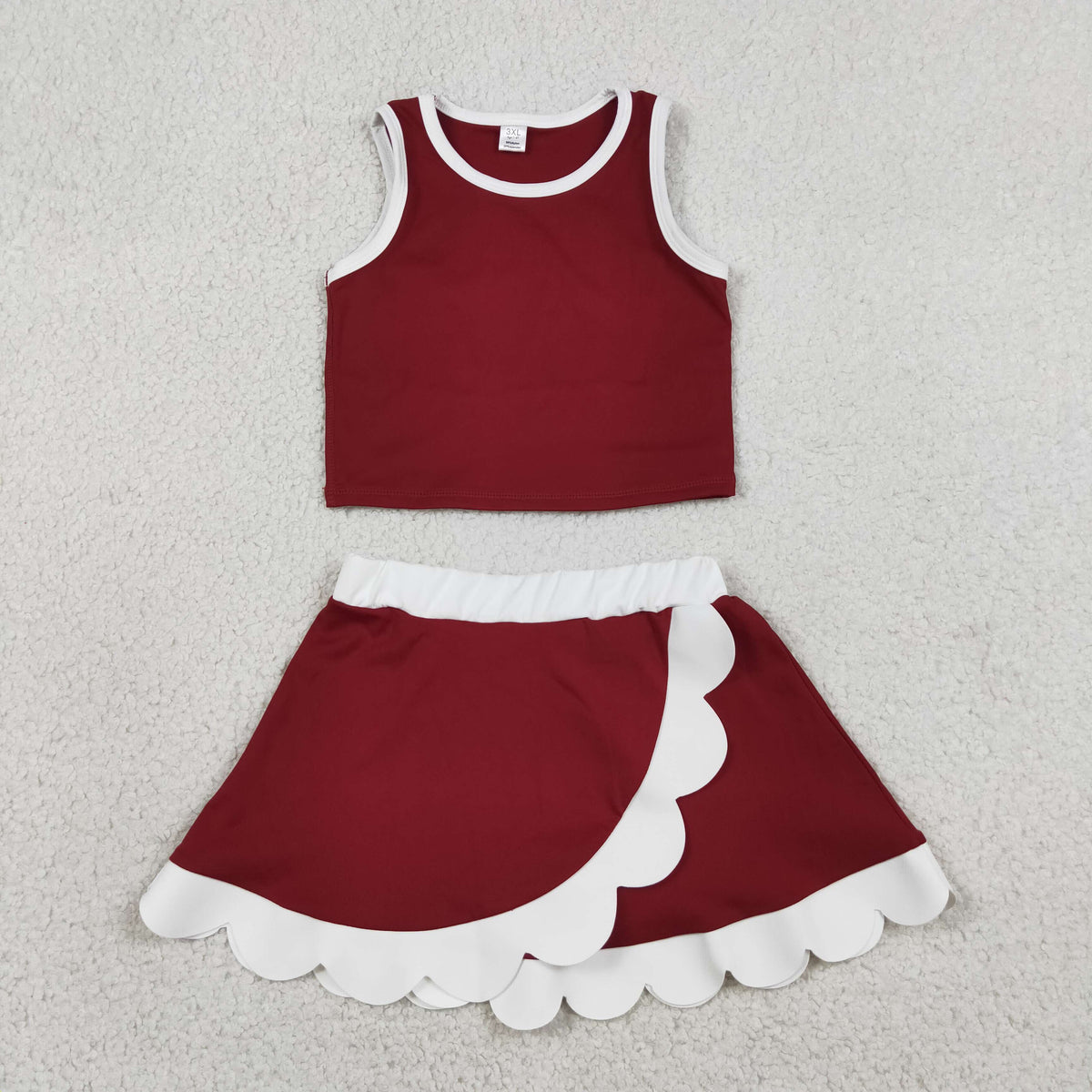 GSD4027 Baby Girls Maroon White Sleeveless Vests Skirt Short Yoga Active Scallop Clothes Set