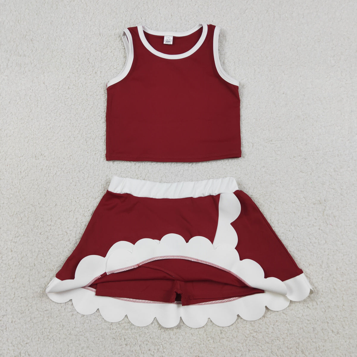 GSD4027 Baby Girls Maroon White Sleeveless Vests Skirt Short Yoga Active Scallop Clothes Set