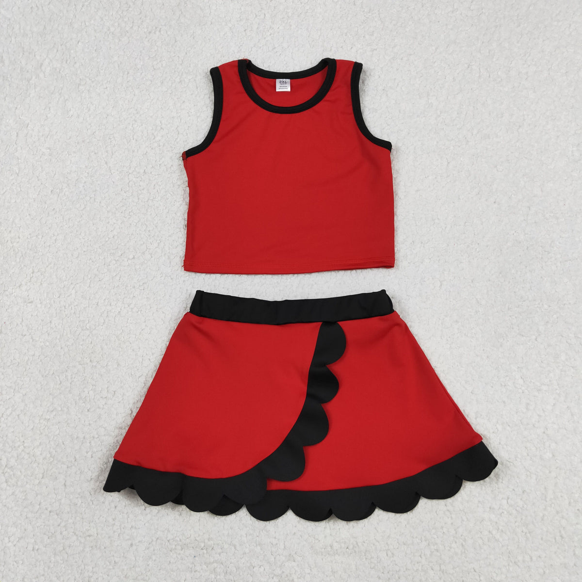 GSD4028 Baby Girls Red Black Sleeveless Vests Skirt Short Yoga Active Scallop Clothes Set
