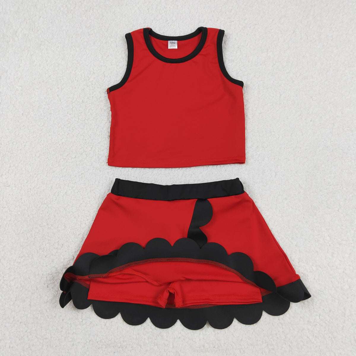 GSD4028 Baby Girls Red Black Sleeveless Vests Skirt Short Yoga Active Scallop Clothes Set