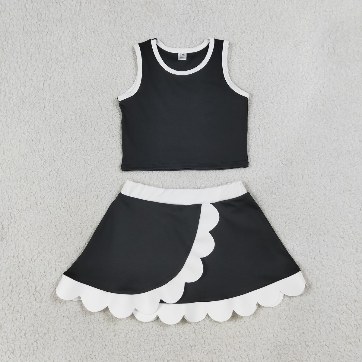 GSD4029 Baby Girls Black White Sleeveless Vests Skirt Short Yoga Active Scallop Clothes Set