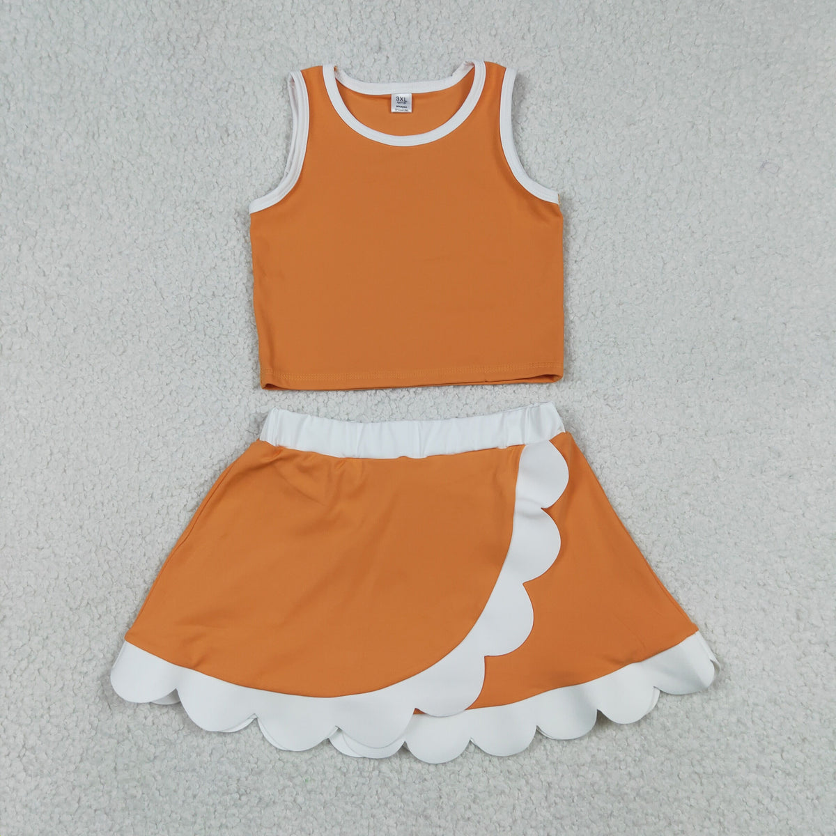 GSD4033 Baby Girls Orange White Sleeveless Vests Skirt Short Yoga Active Scallop Clothes Set