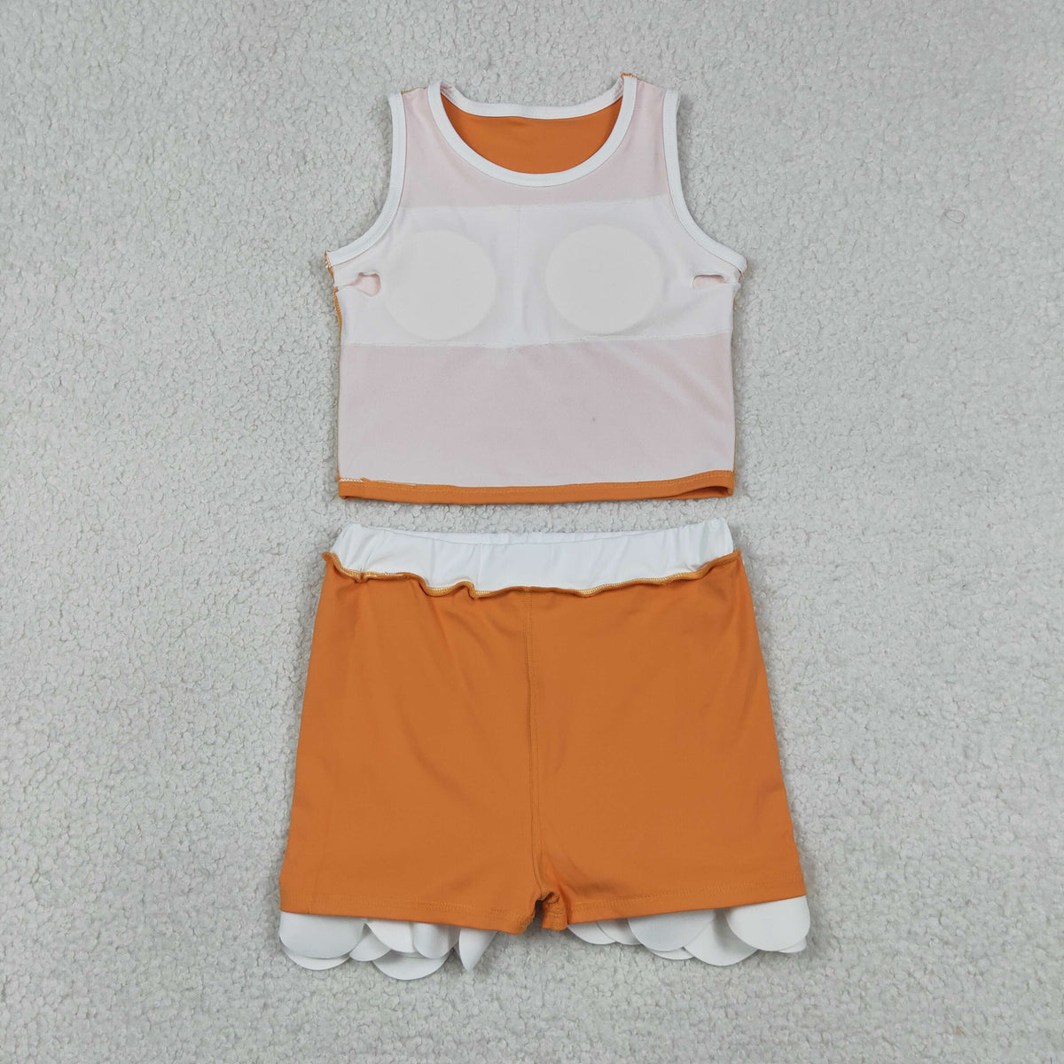 GSD4033 Baby Girls Orange White Sleeveless Vests Skirt Short Yoga Active Scallop Clothes Set