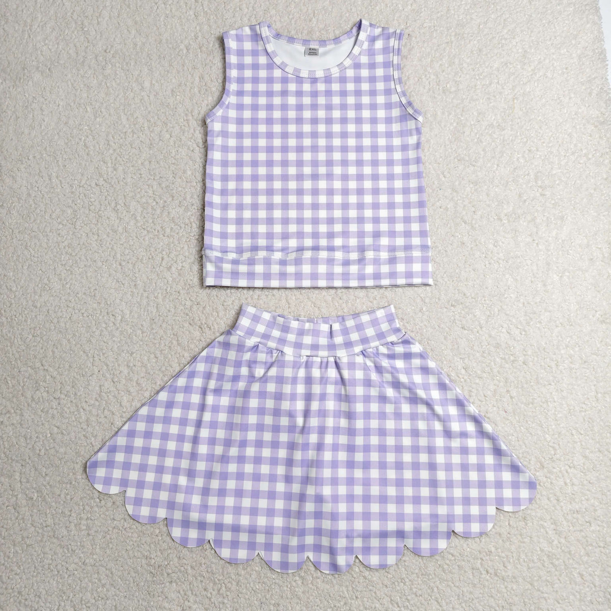 GSD4067 Baby Girls Sleeveless Lavender Checked Vests Skirt Short Yoga Active Scallop Clothes Set