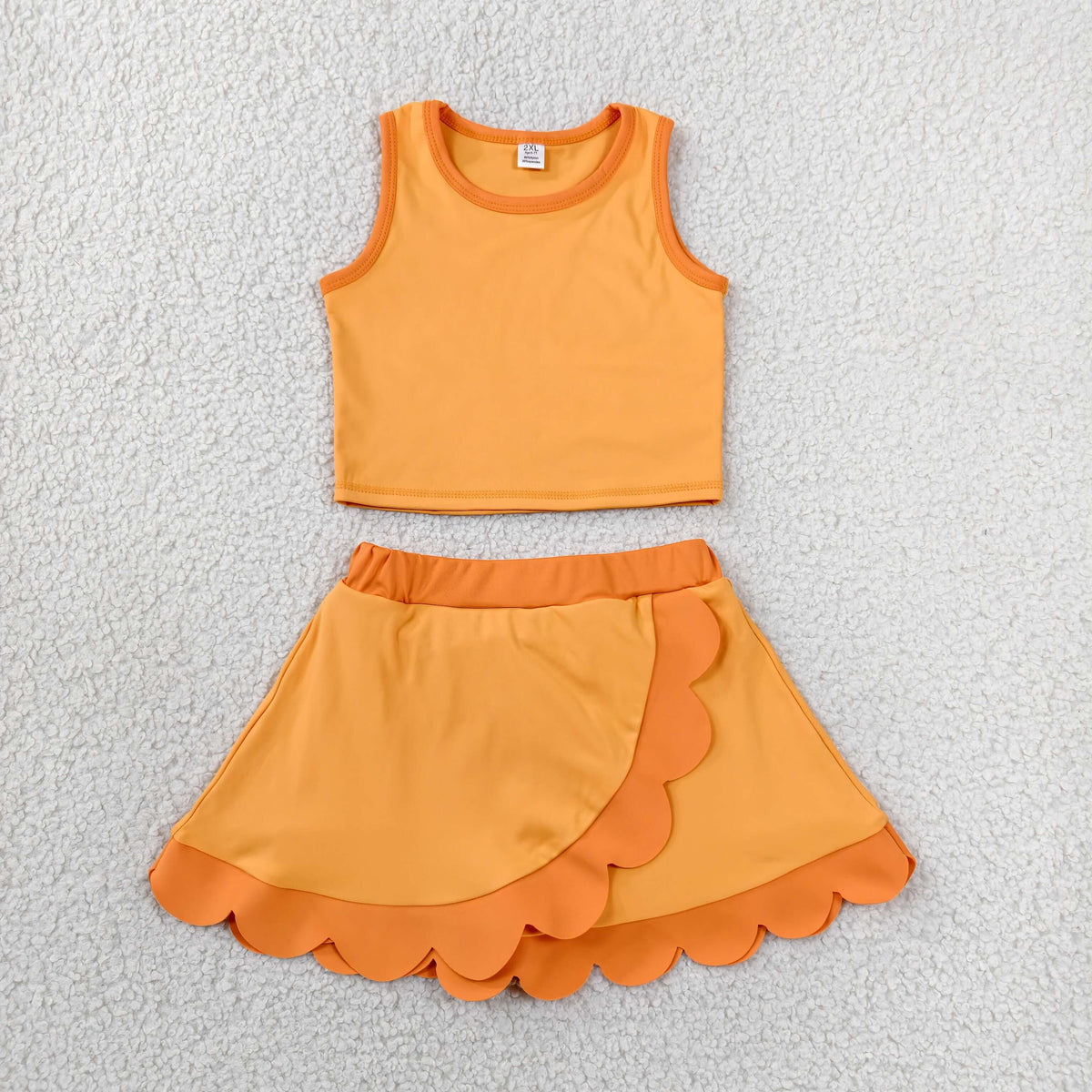 GSD4081 Baby Girls Orange Sleeveless Vests Skirt Short Yoga Active Scallop Clothes Set