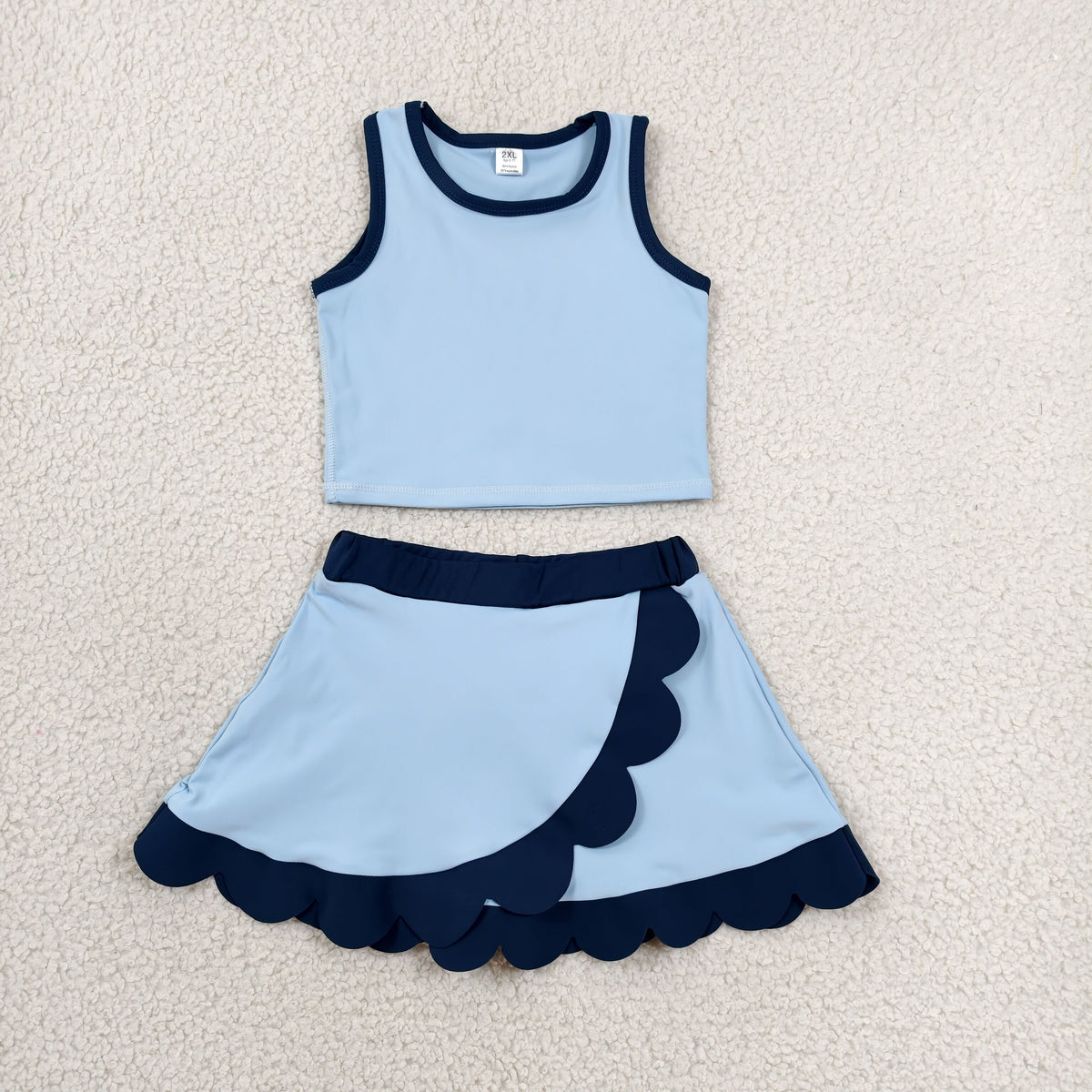 GSD4082 Baby Girls Blue Navy Sleeveless Vests Skirt Short Yoga Active Scallop Clothes Set