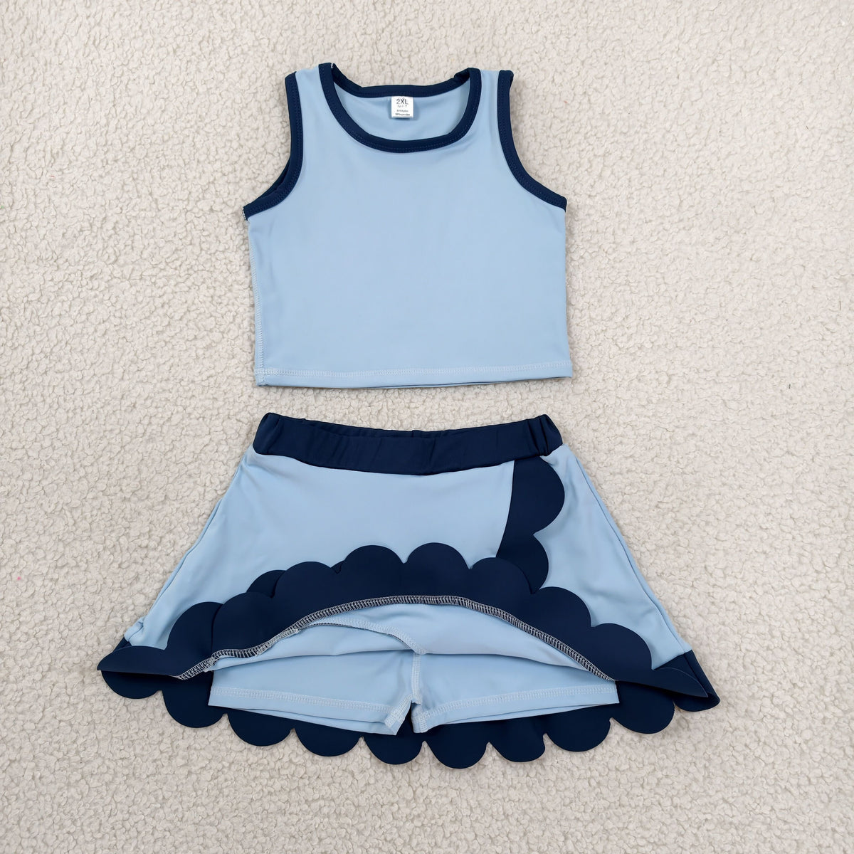 GSD4082 Baby Girls Blue Navy Sleeveless Vests Skirt Short Yoga Active Scallop Clothes Set