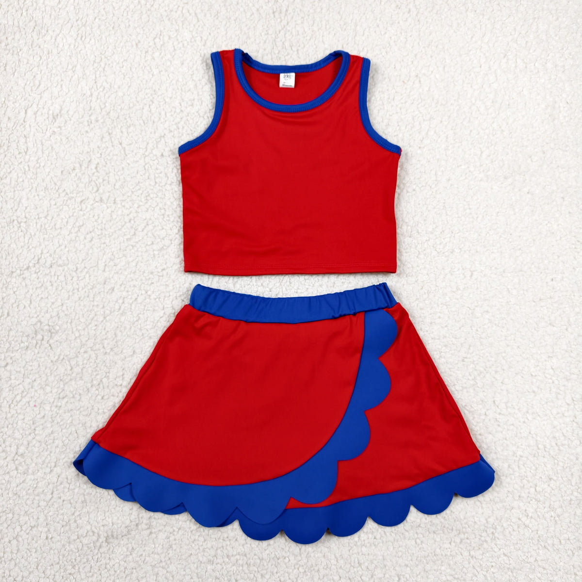 GSD4097 Baby Girls Red Hot Blue Sleeveless Vests Skirt Short Yoga Active Scallop Clothes Set