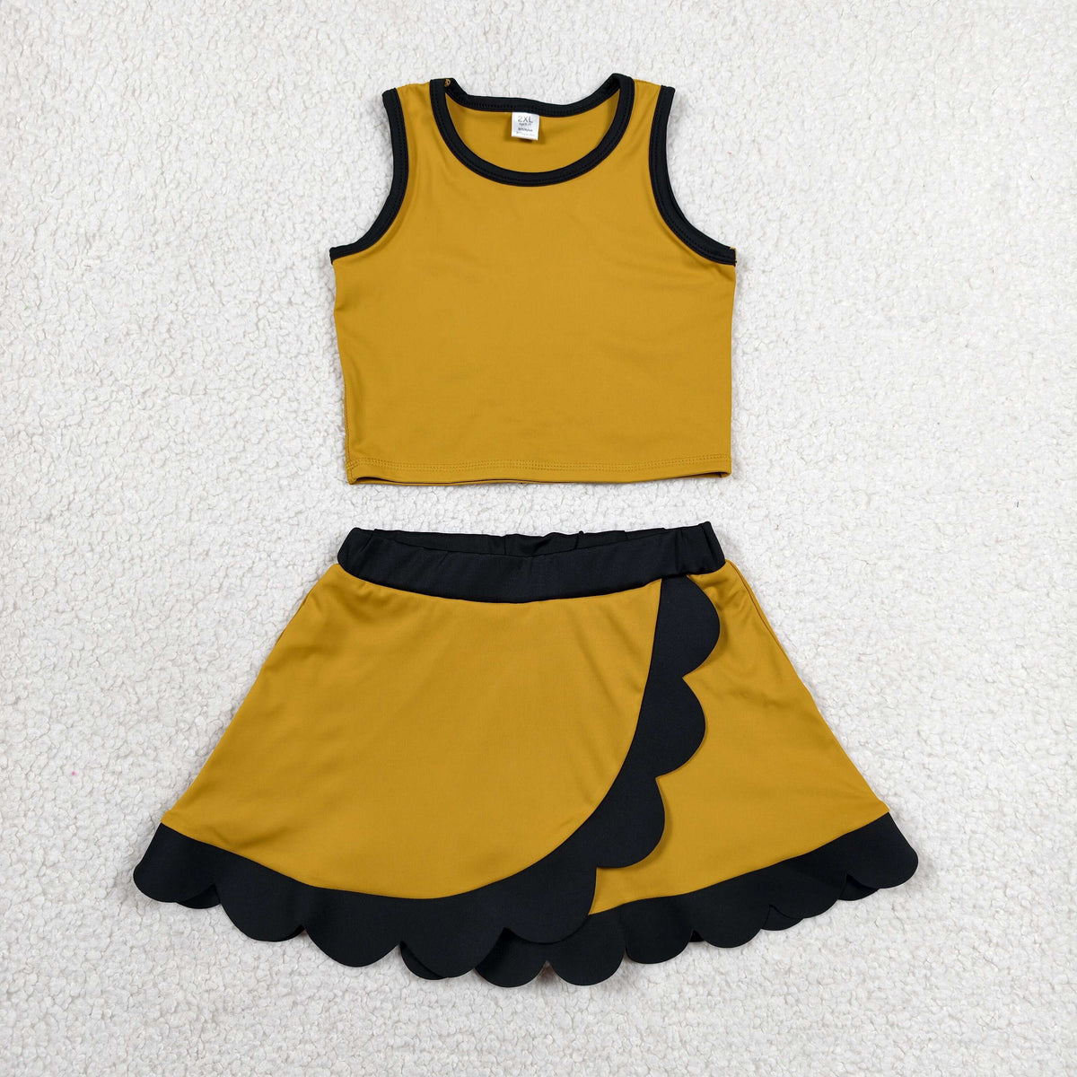 GSD4099 Baby Girls Gold Black Sleeveless Vests Skirt Short Yoga Active Scallop Clothes Set