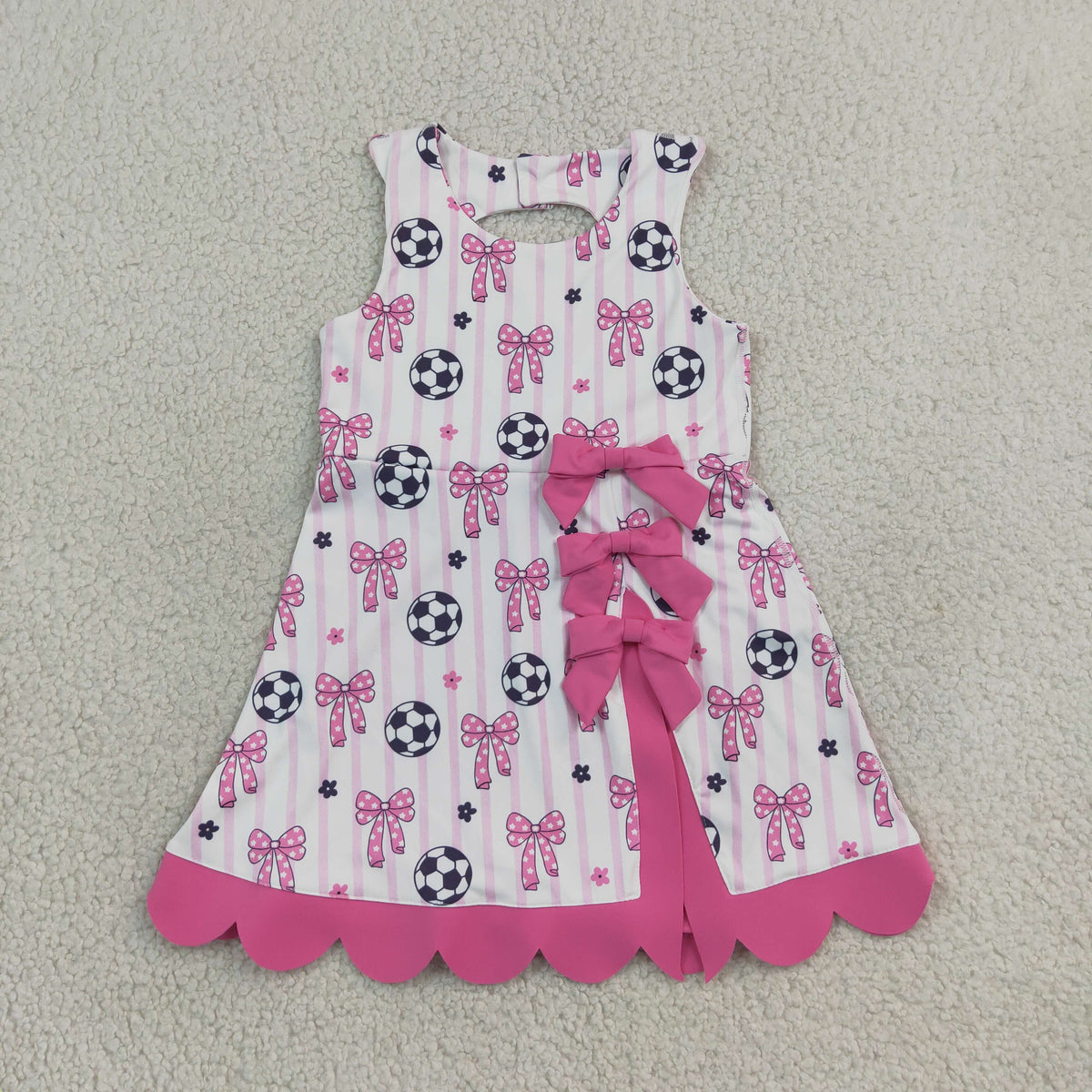 GSD4100 Baby Girls Pink Stripe Football Bows Yoga Active Short Team Scallop Knee Length Dress