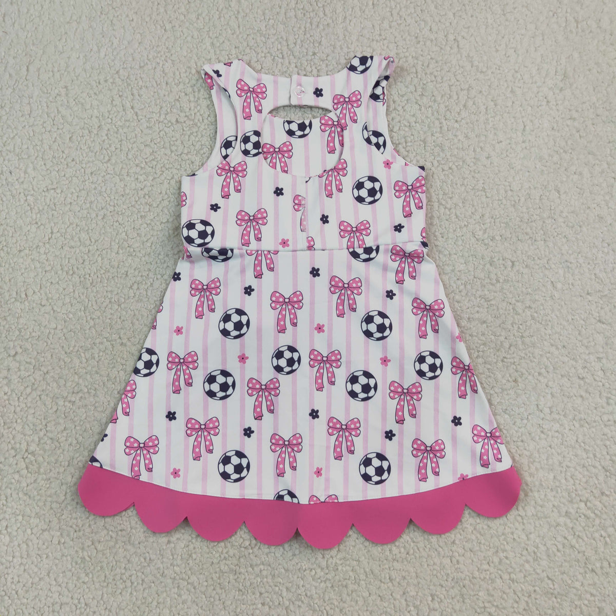 GSD4100 Baby Girls Pink Stripe Football Bows Yoga Active Short Team Scallop Knee Length Dress