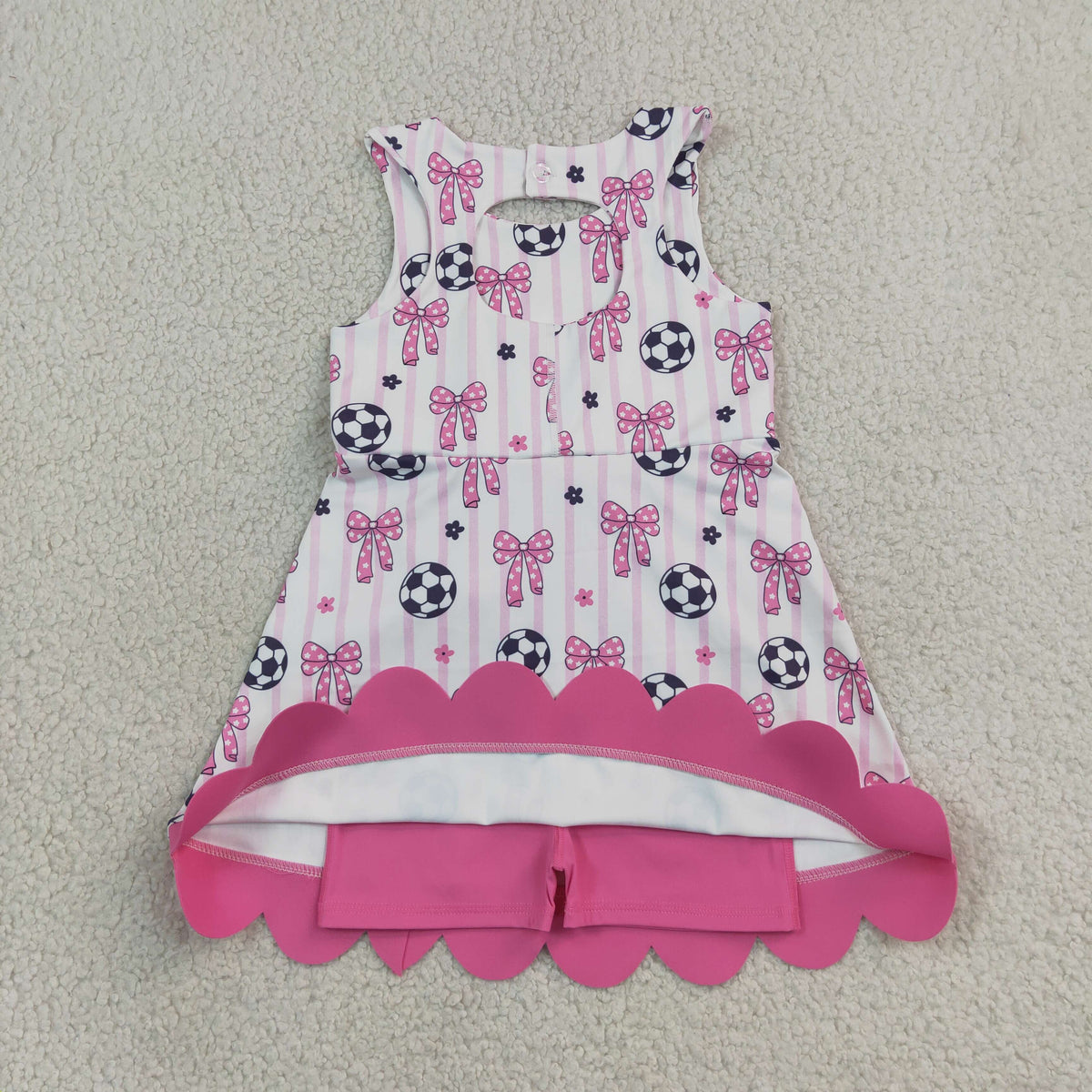 GSD4100 Baby Girls Pink Stripe Football Bows Yoga Active Short Team Scallop Knee Length Dress