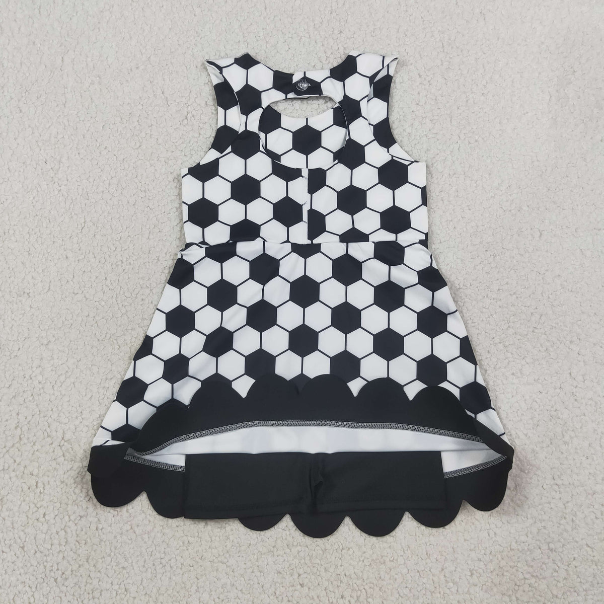 GSD4102 Baby Girls Black Football Yoga Active Short Team Bows Scallop Knee Length Dress