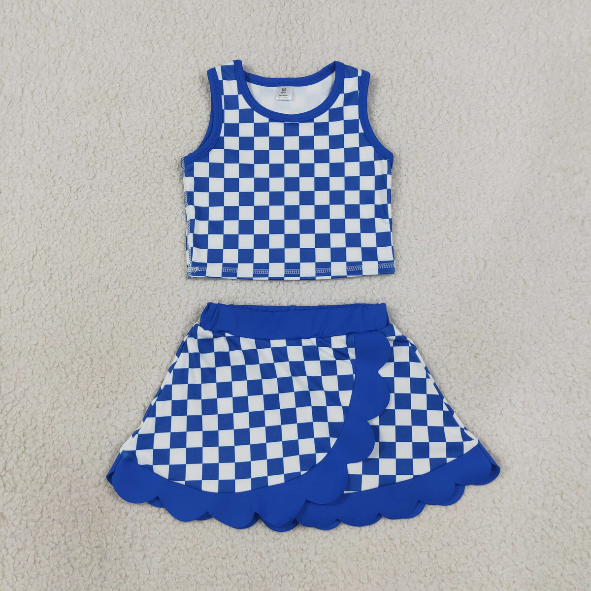 GSD4110 Baby Girls Blue Checked Sleeveless Vests Skirt Short Yoga Active Scallop Clothes Set