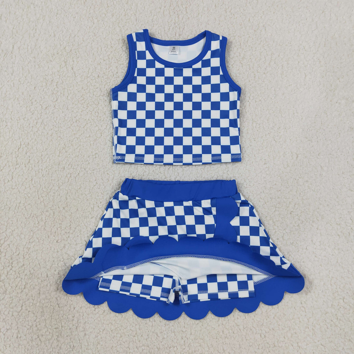 GSD4110 Baby Girls Blue Checked Sleeveless Vests Skirt Short Yoga Active Scallop Clothes Set