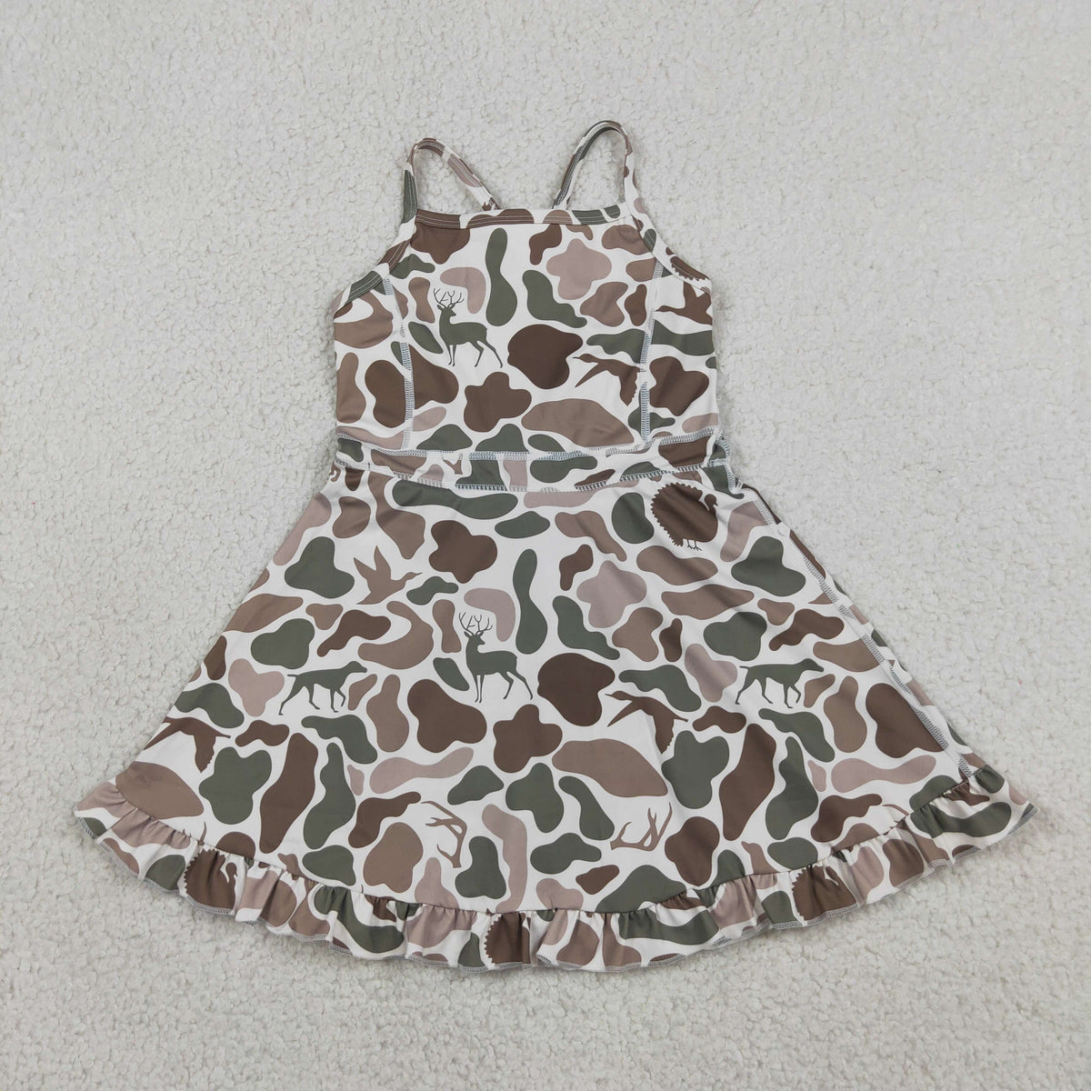 GSD4117 Baby Girls Strap Ducks Dogs Deer Hunting Yoga Active Short Ruffle Knee Length Dress