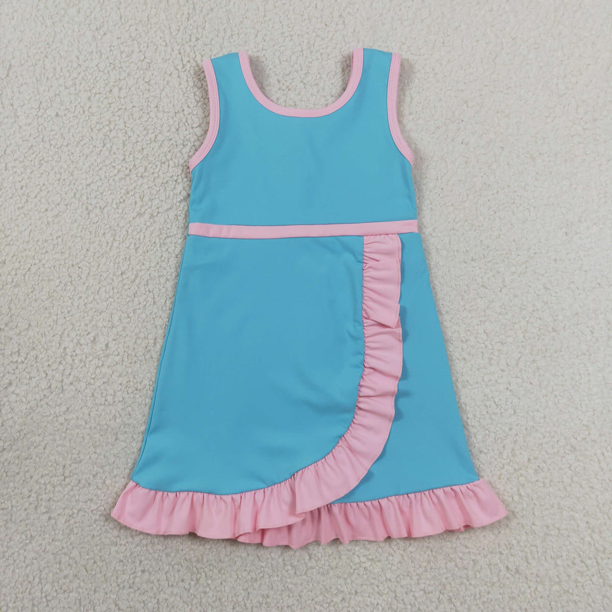 GSD4130 Baby Girls Lake Blue Pink Back Zip Yoga Active Short Ruffle Knee Length Dress