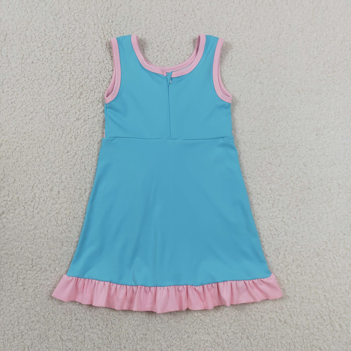 GSD4130 Baby Girls Lake Blue Pink Back Zip Yoga Active Short Ruffle Knee Length Dress