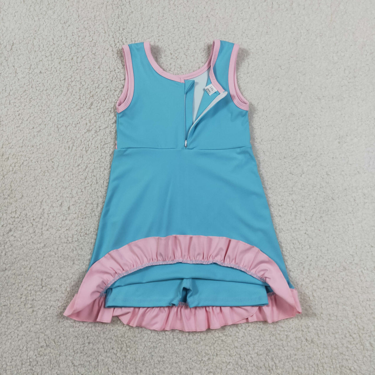 GSD4130 Baby Girls Lake Blue Pink Back Zip Yoga Active Short Ruffle Knee Length Dress