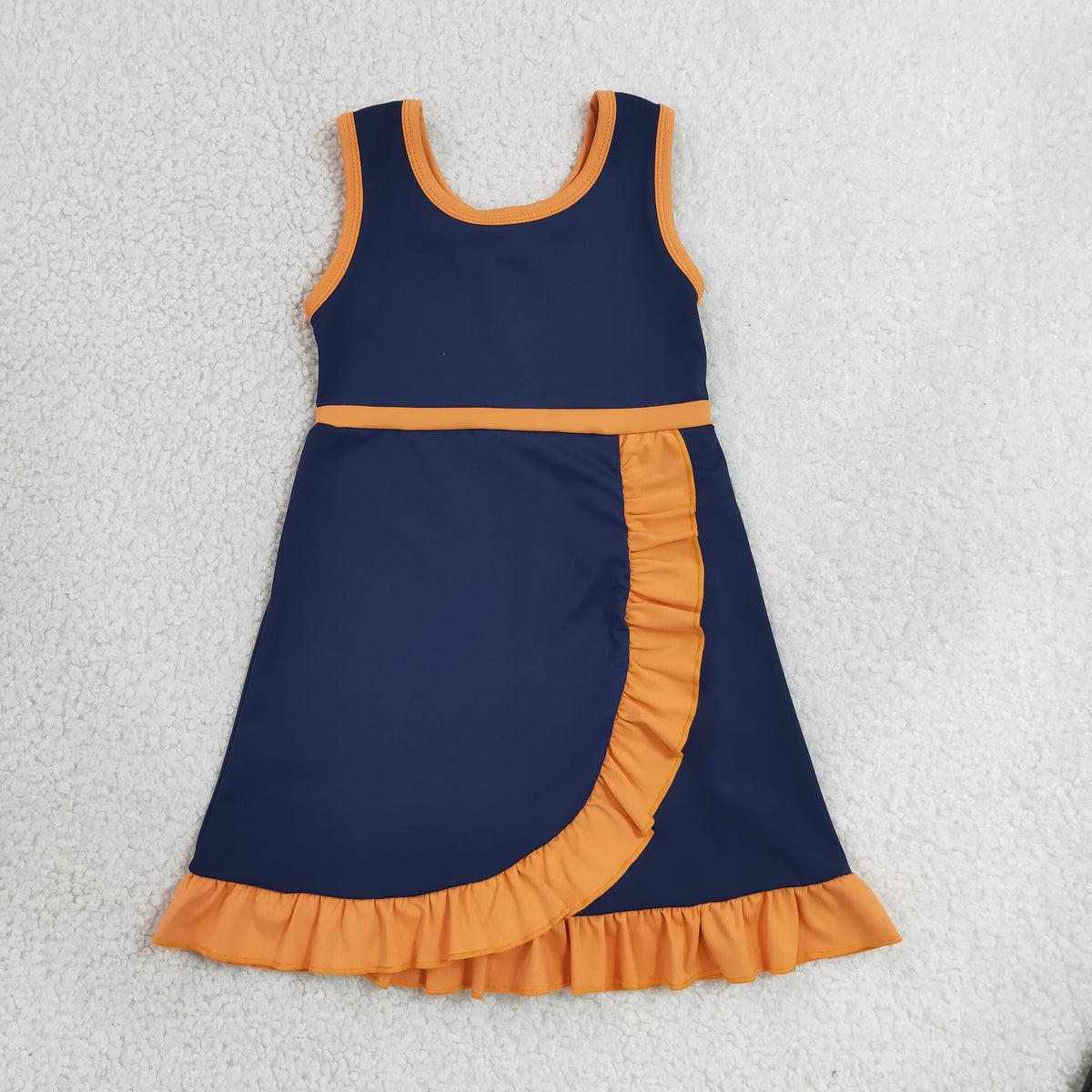 GSD4131 Baby Girls Navy Orange Back Zip Yoga Active Short Ruffle Knee Length Dress