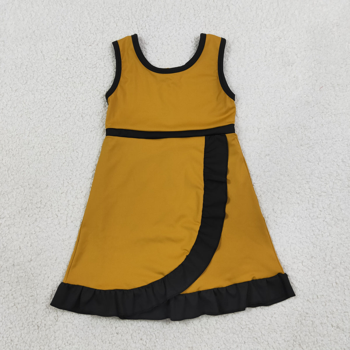 GSD4134 Baby Girls Gold Balck Back Zip Yoga Active Short Ruffle Knee Length Dress