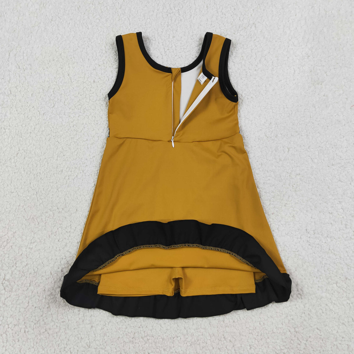 GSD4134 Baby Girls Gold Balck Back Zip Yoga Active Short Ruffle Knee Length Dress