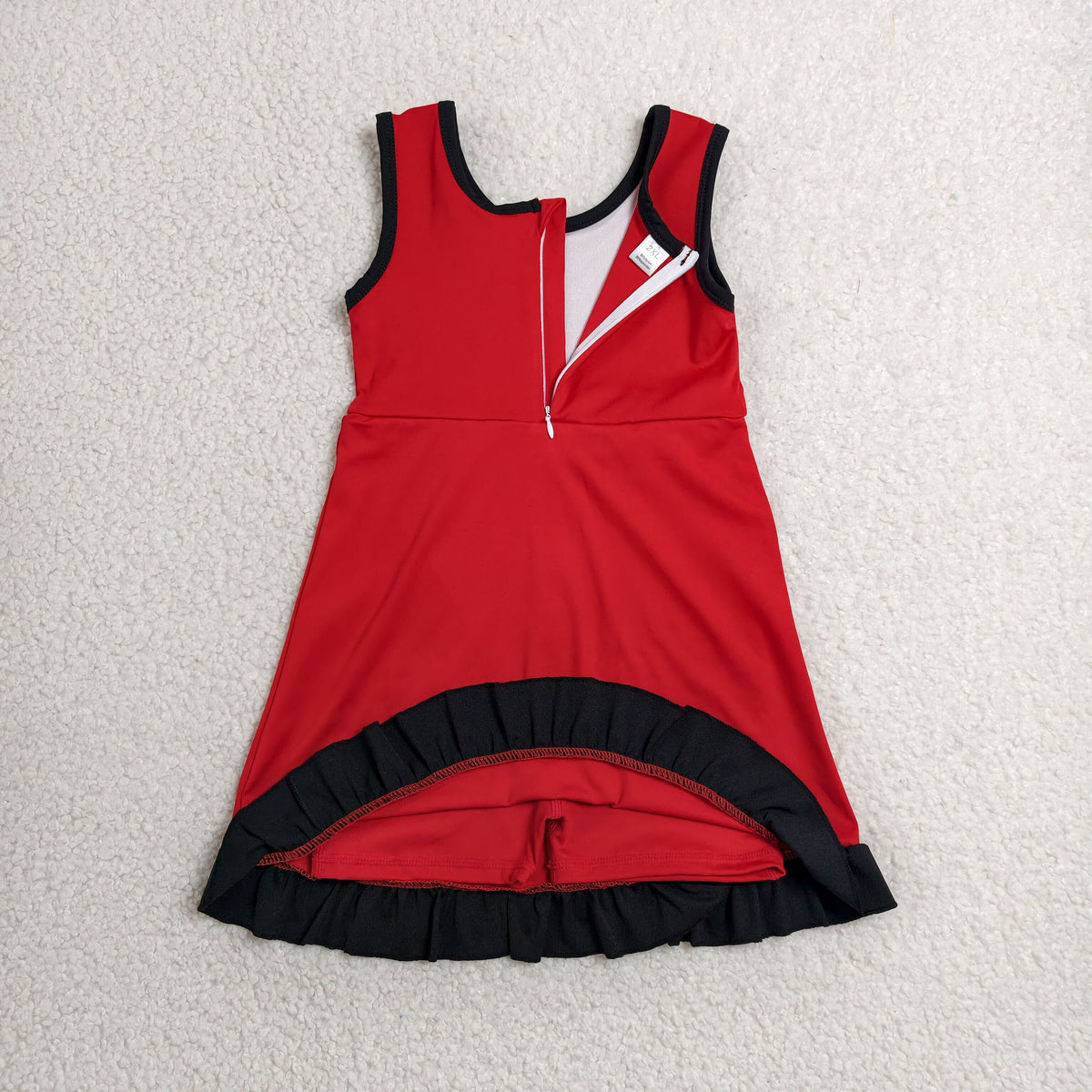 GSD4146 Baby Girls Black Red Back Zip Yoga Active Short Ruffle Knee Length Dress