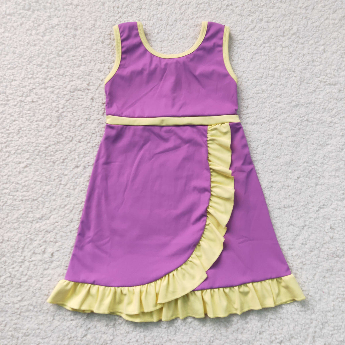 GSD4147 Baby Girls Yellow Purple Back Zip Yoga Active Short Ruffle Knee Length Dress