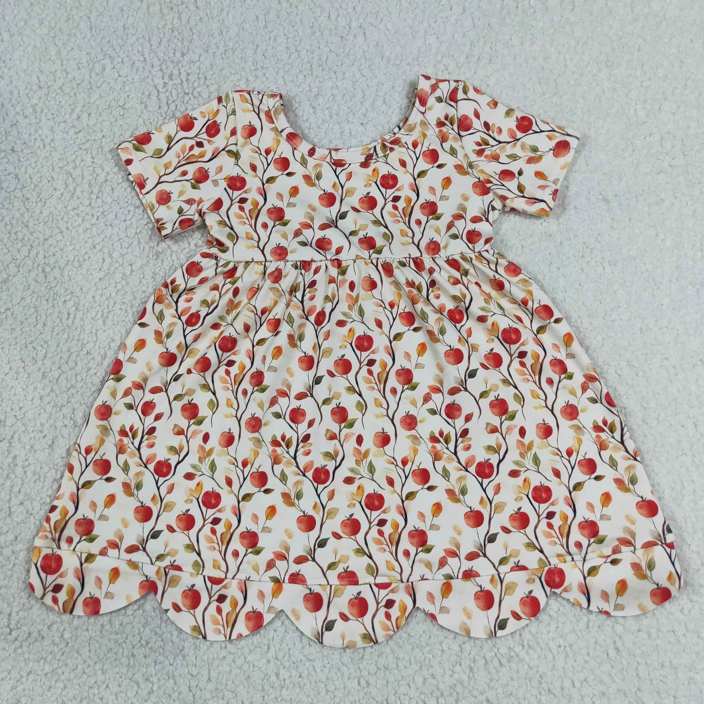Sibling Baby Girls Short Sleeve Apple Flowers Back to School Scallop Knee Length Dresses