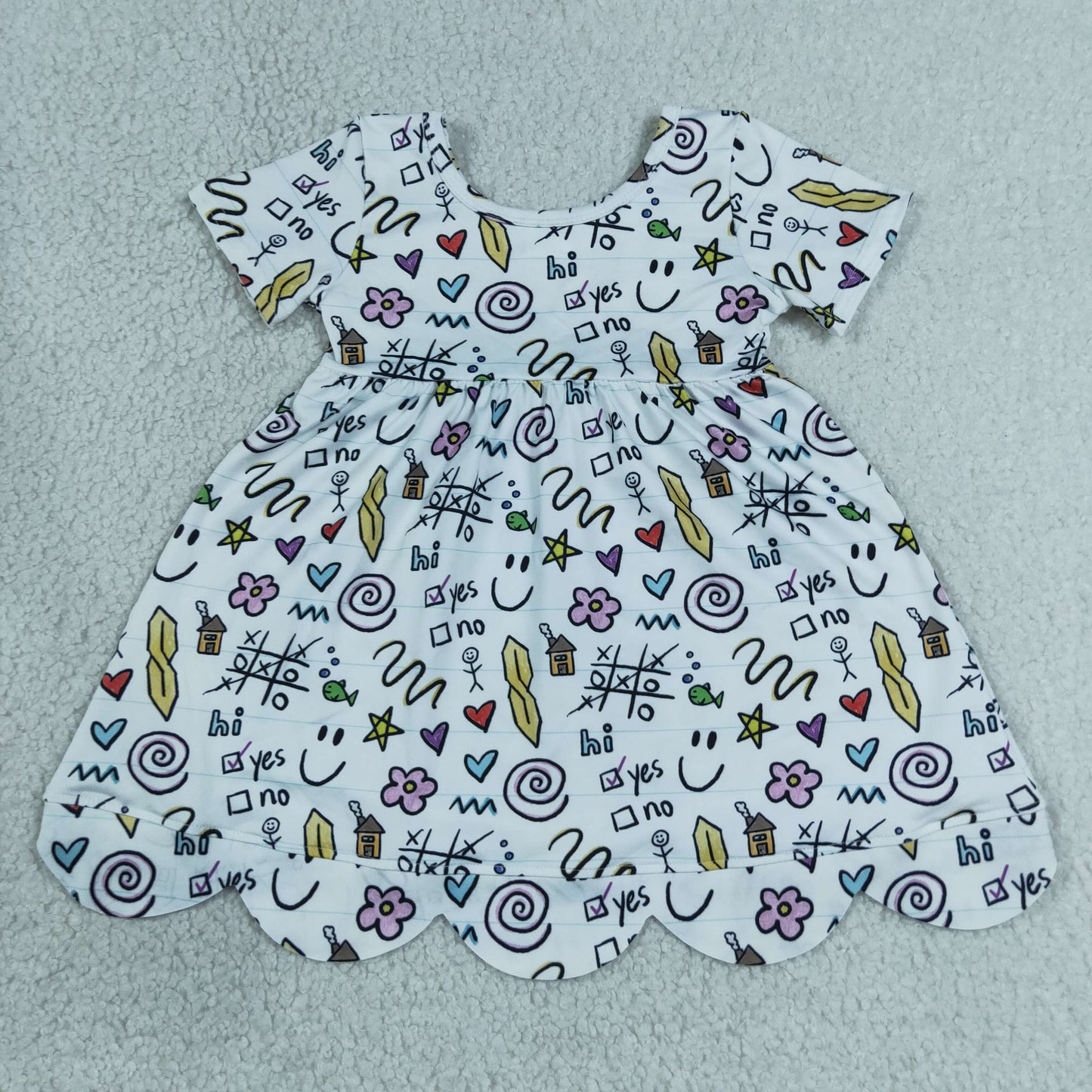 Sibling Baby Girls Short Sleeve Apple Flowers Back to School Scallop Knee Length Dresses