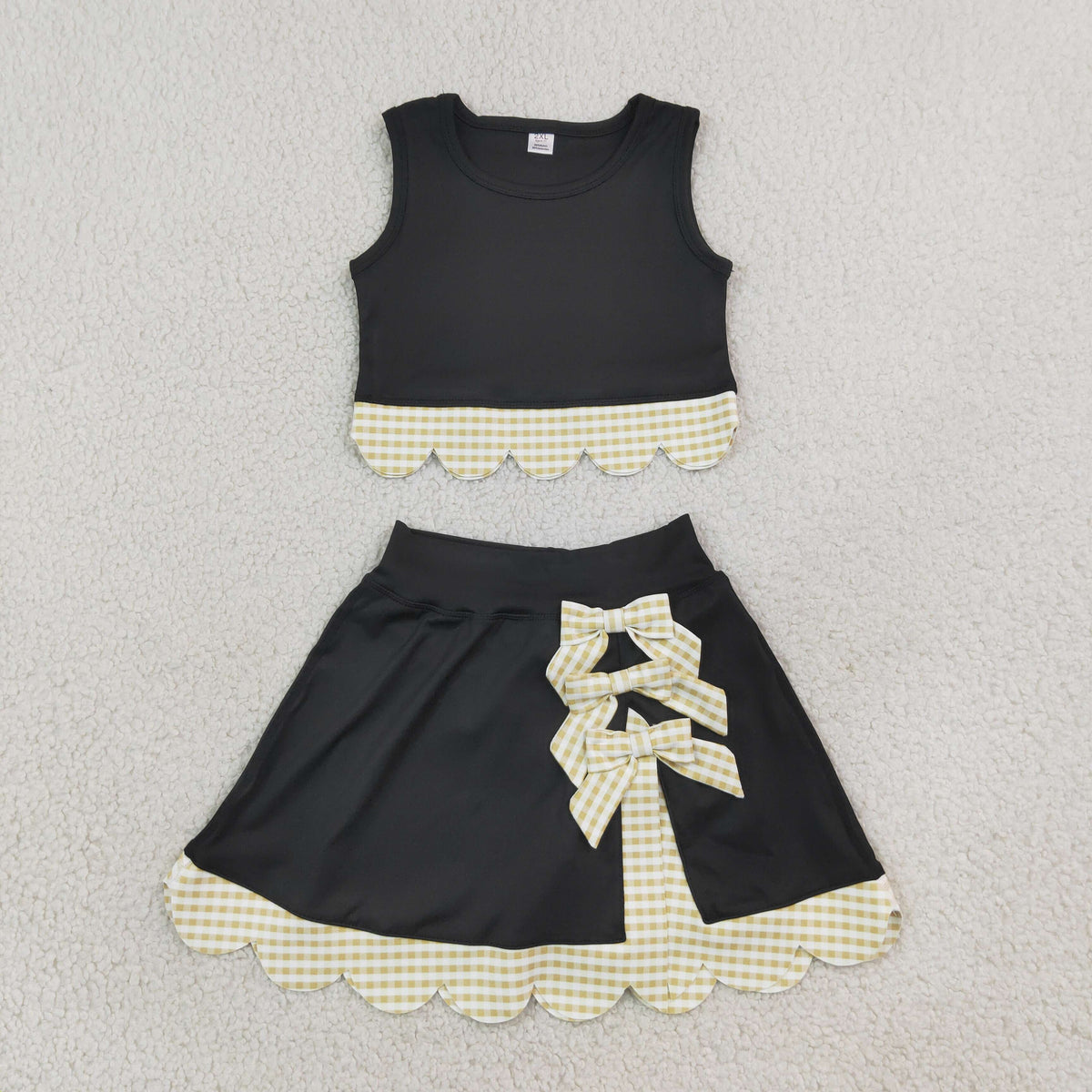 GSD4175 Baby Girls Black Yellow Vests Bows Skirt Short Yoga Active Scallop Clothes Set