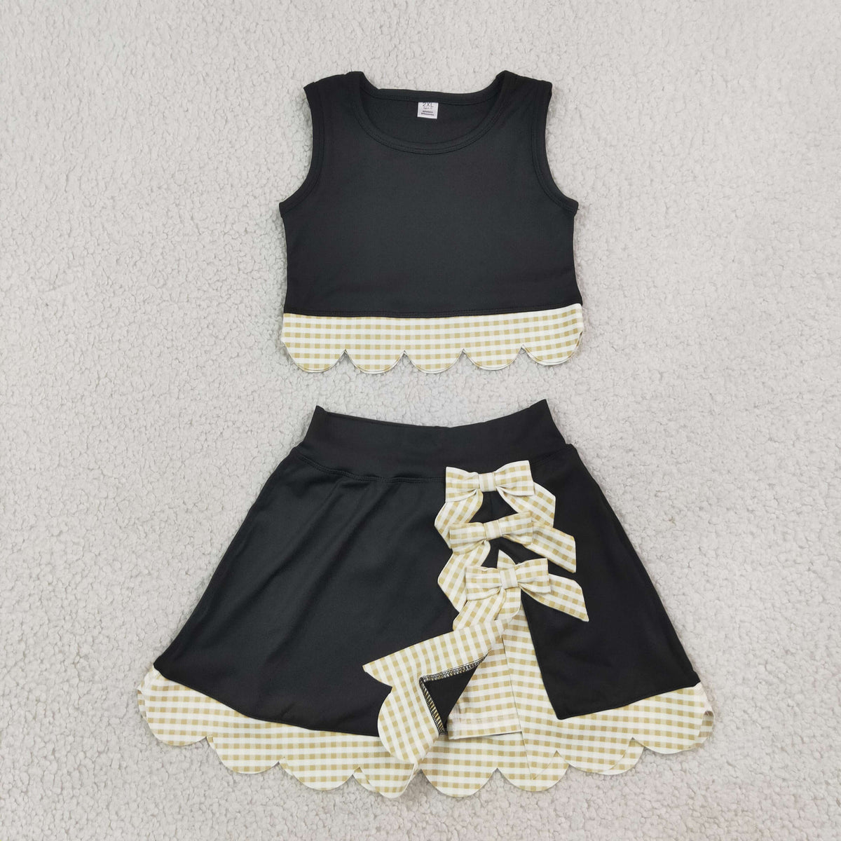 GSD4175 Baby Girls Black Yellow Vests Bows Skirt Short Yoga Active Scallop Clothes Set