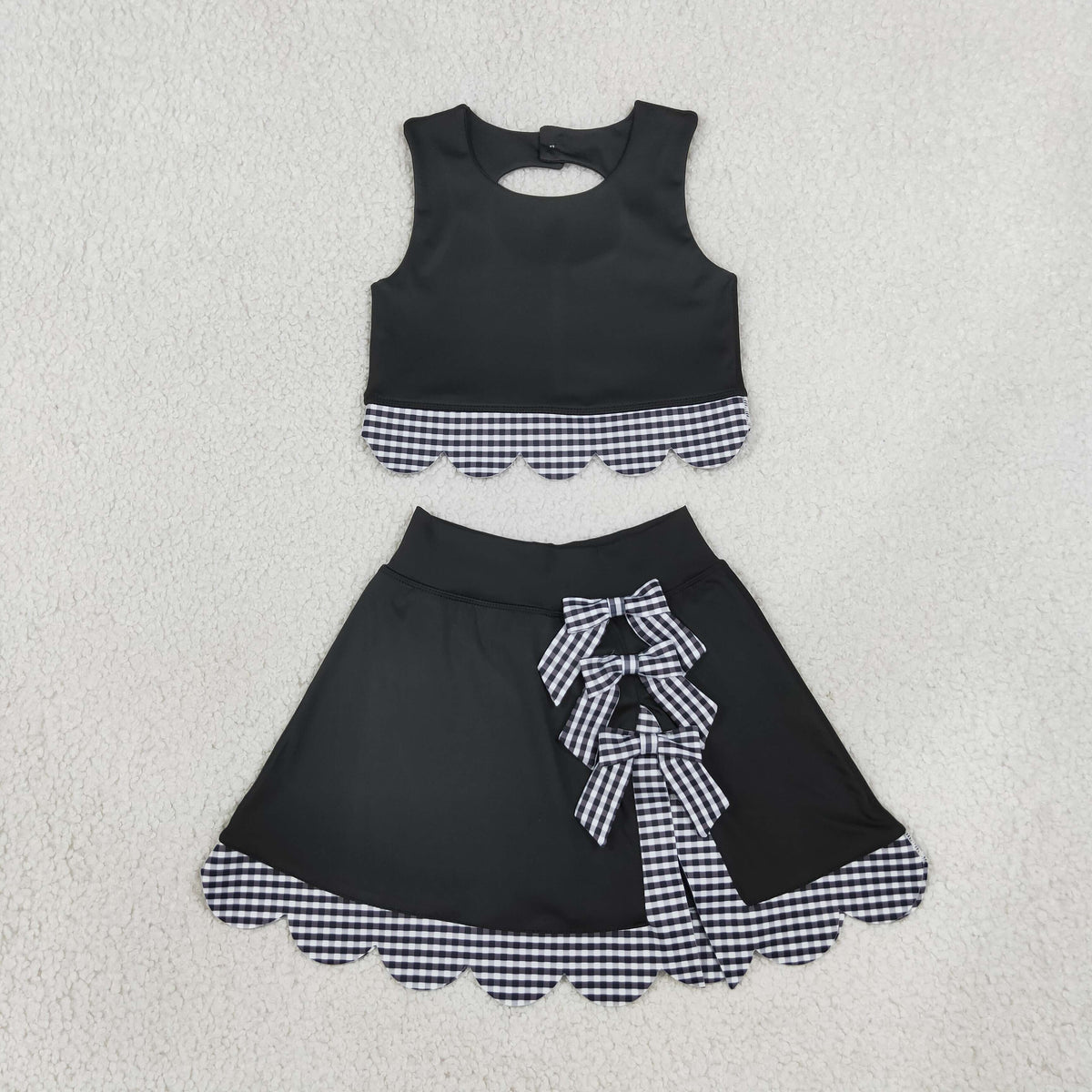 GSD4176 Baby Girls Black Checked Vests Bows Skirt Short Yoga Active Scallop Clothes Set