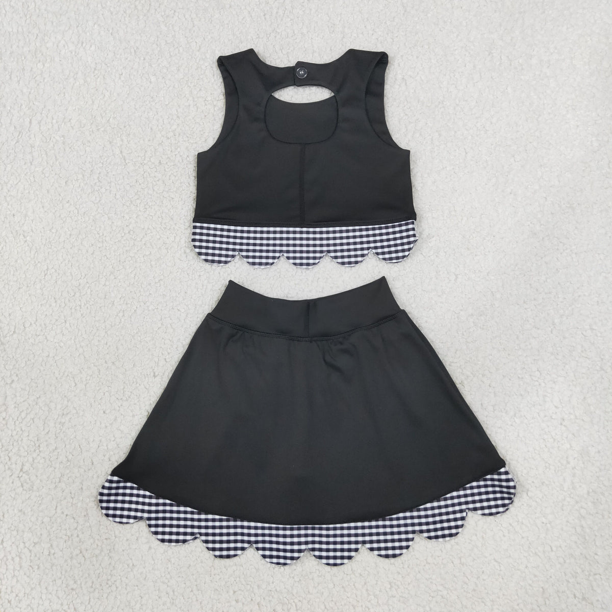 GSD4176 Baby Girls Black Checked Vests Bows Skirt Short Yoga Active Scallop Clothes Set
