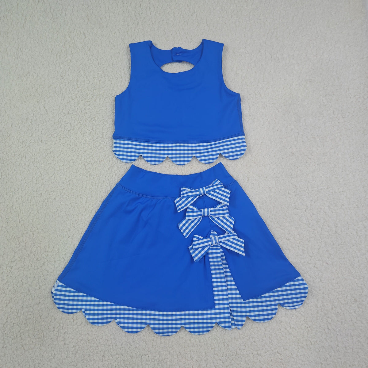 GSD4177 Baby Girls Blue Checked Vests Bows Skirt Short Yoga Active Scallop Clothes Set