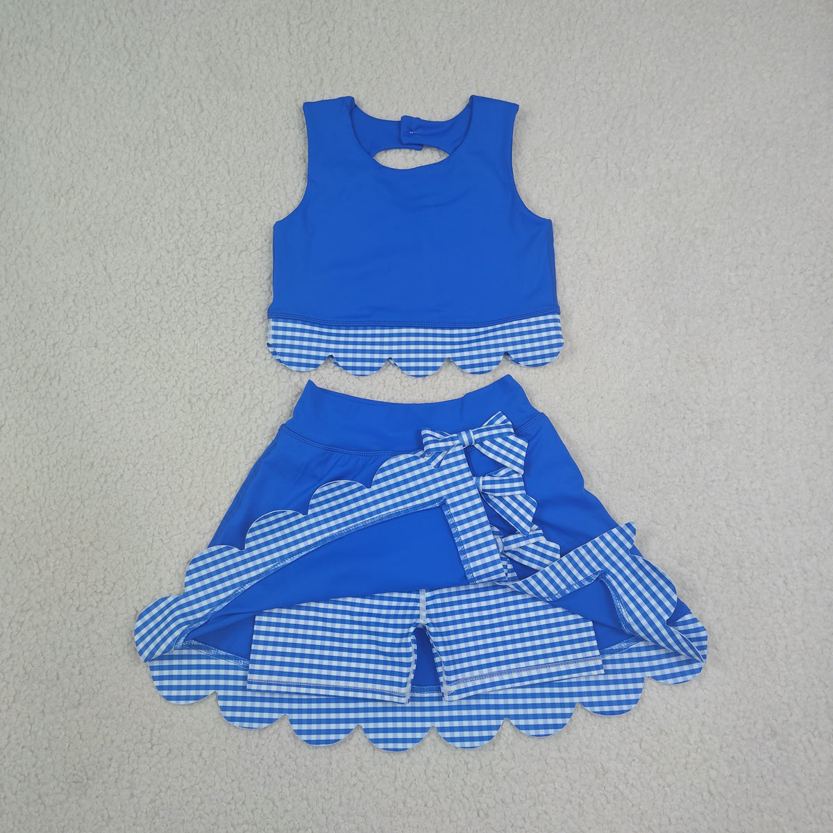 GSD4177 Baby Girls Blue Checked Vests Bows Skirt Short Yoga Active Scallop Clothes Set