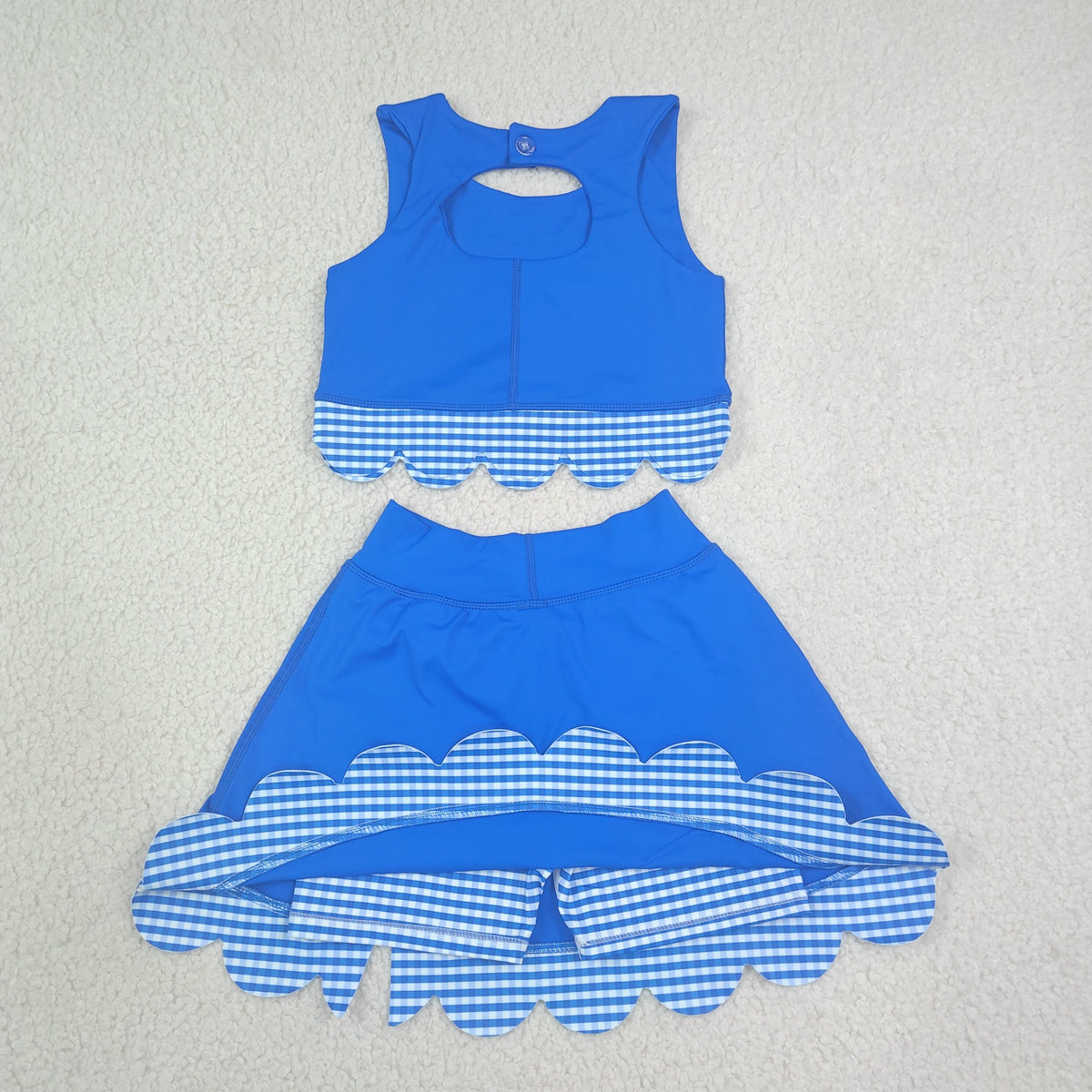GSD4177 Baby Girls Blue Checked Vests Bows Skirt Short Yoga Active Scallop Clothes Set