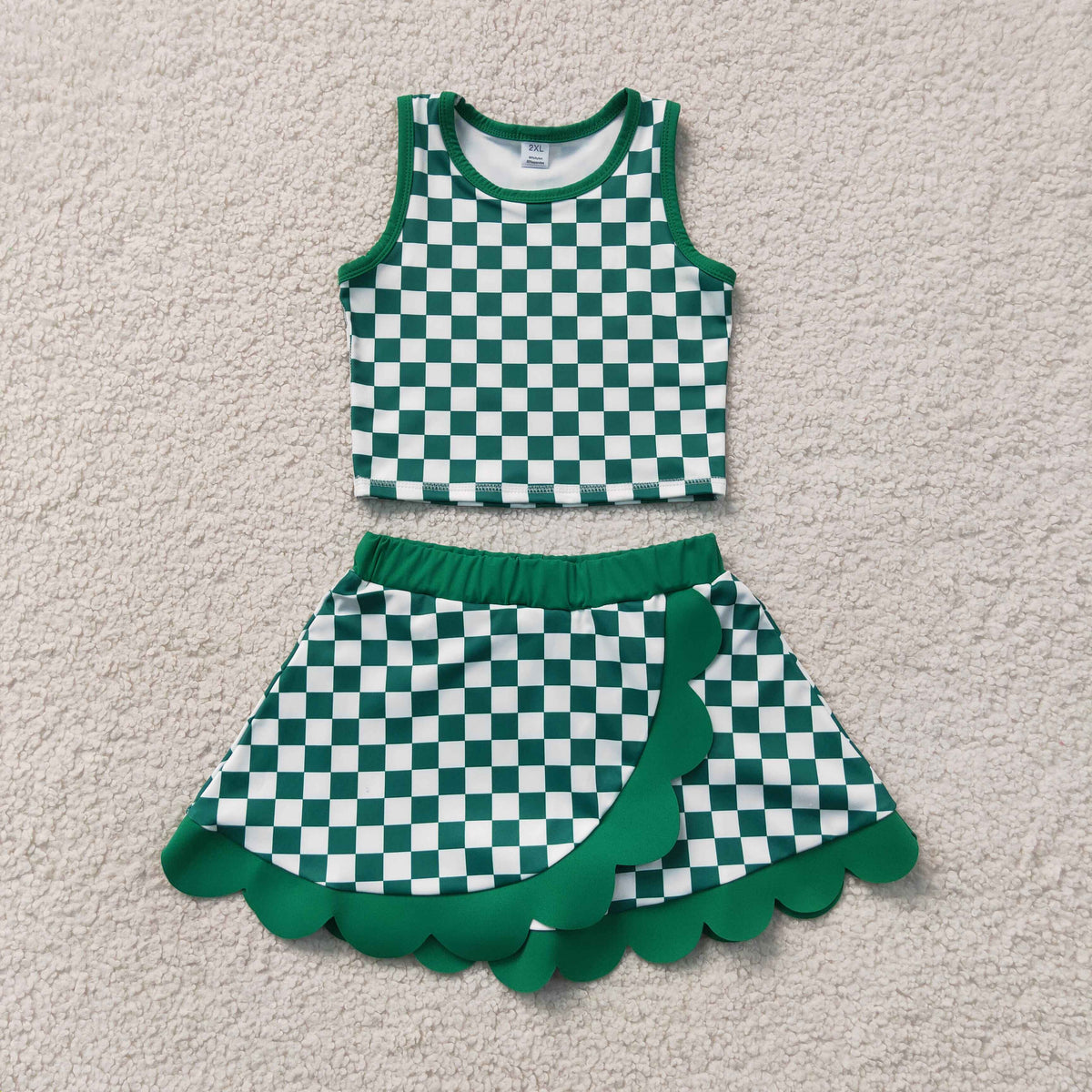 GSD4178 Baby Girls Green Checked Sleeveless Vests Skirt Short Yoga Active Scallop Clothes Set