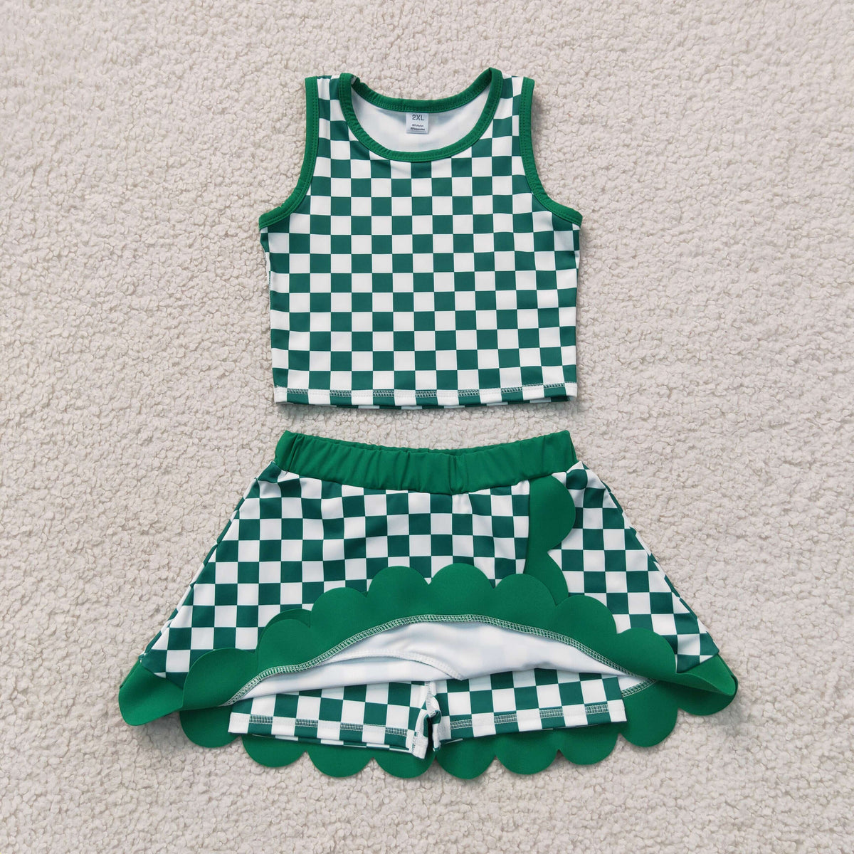 GSD4178 Baby Girls Green Checked Sleeveless Vests Skirt Short Yoga Active Scallop Clothes Set