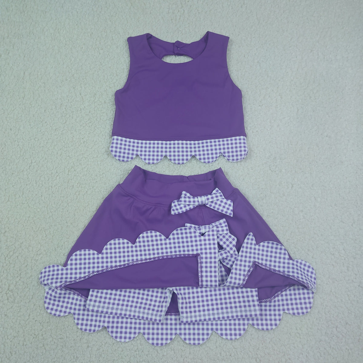 GSD4225 Baby Girls Purple Checked Vests Bows Skirt Short Yoga Active Scallop Clothes Set
