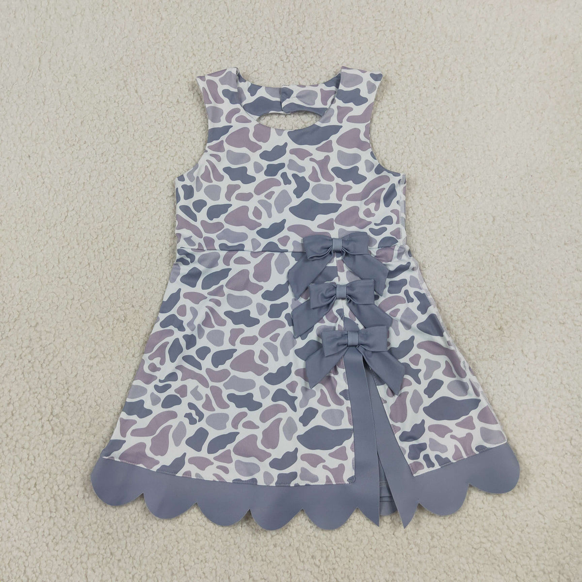 GSD4226 Baby Girls Light Grey Camo Yoga Active Short Bows Scallop Knee Length Dress