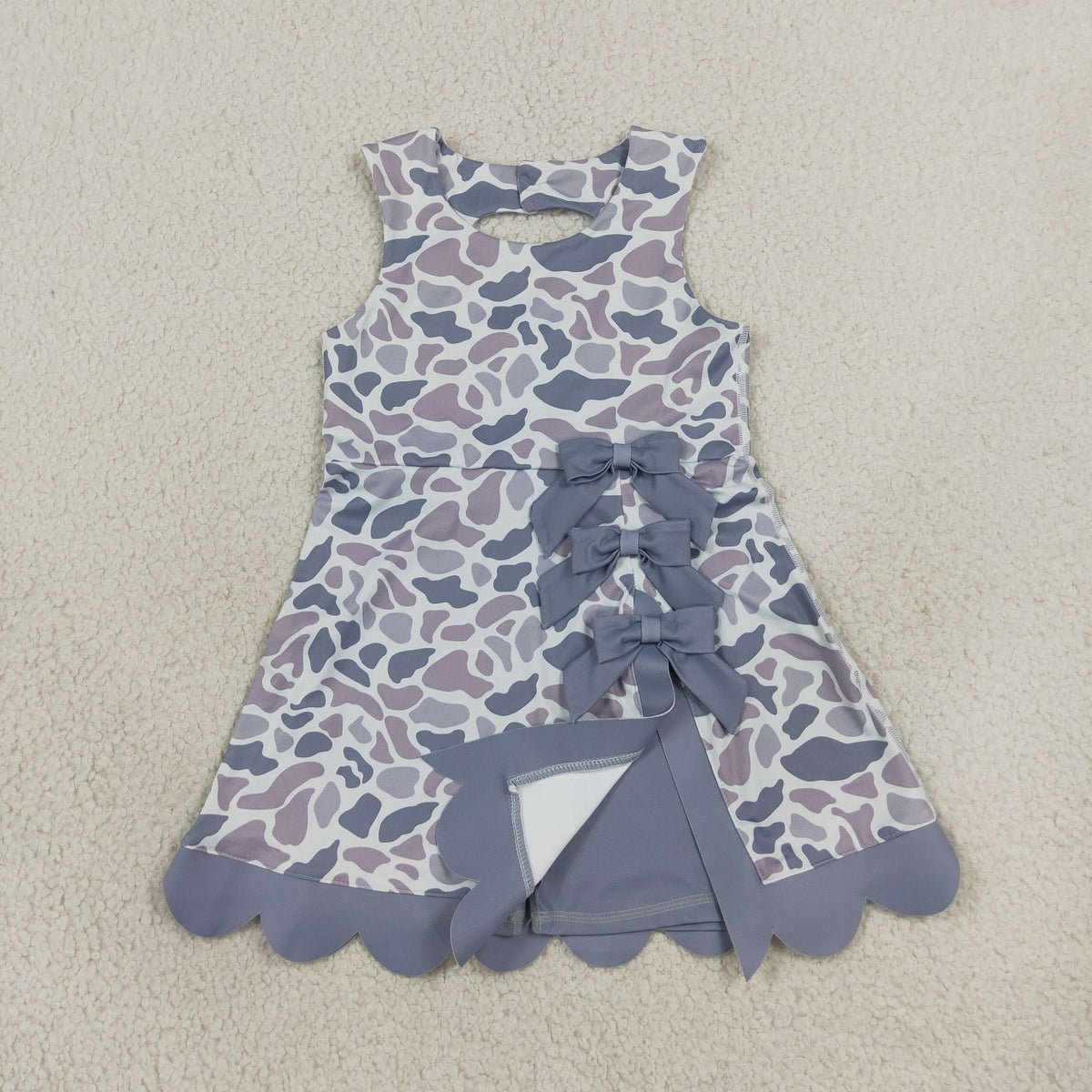 GSD4226 Baby Girls Light Grey Camo Yoga Active Short Bows Scallop Knee Length Dress