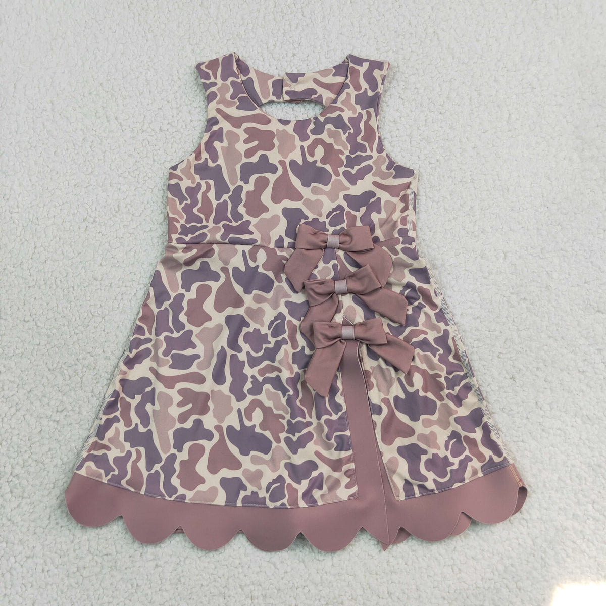 GSD4227 Baby Girls Brown Camo Yoga Active Short Bows Scallop Knee Length Dress