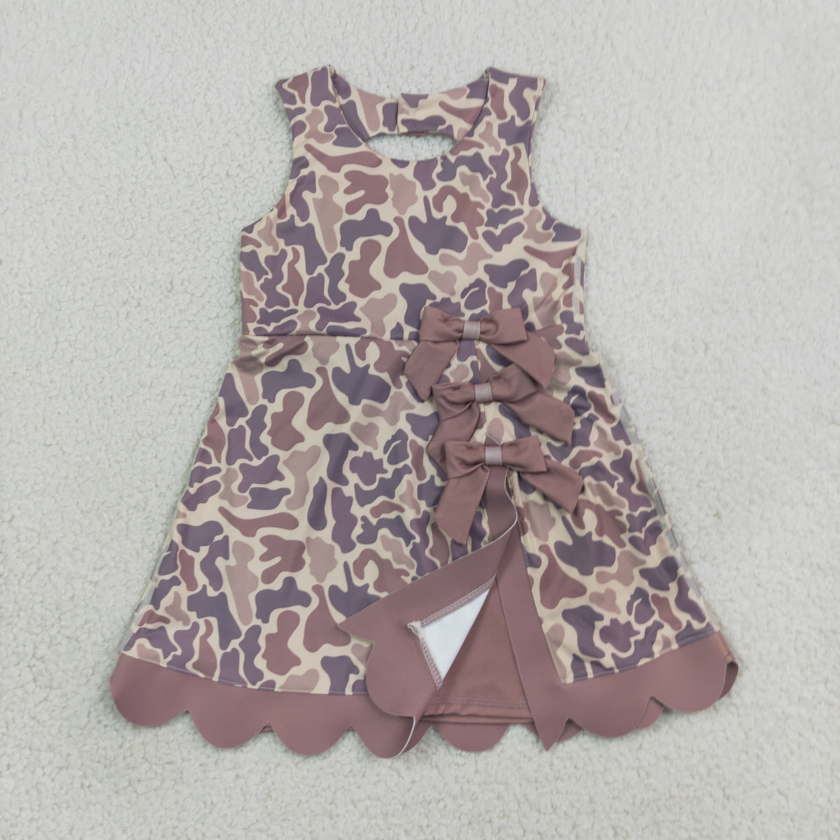 GSD4227 Baby Girls Brown Camo Yoga Active Short Bows Scallop Knee Length Dress