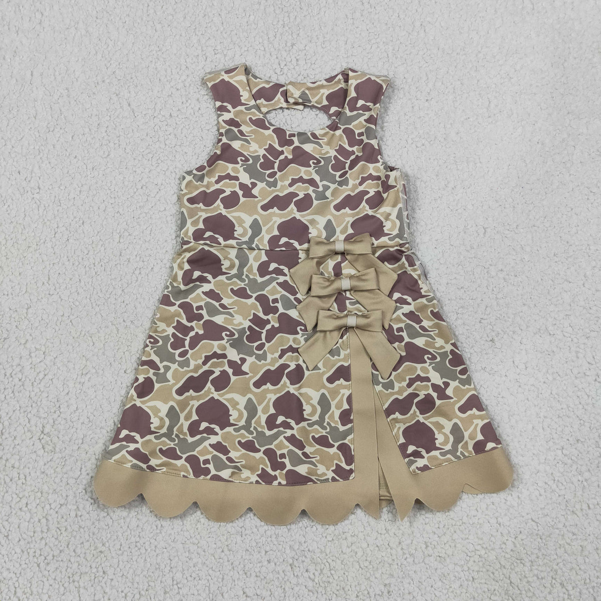 GSD4228 Baby Girls Khaki Camo Yoga Active Short Bows Scallop Knee Length Dress