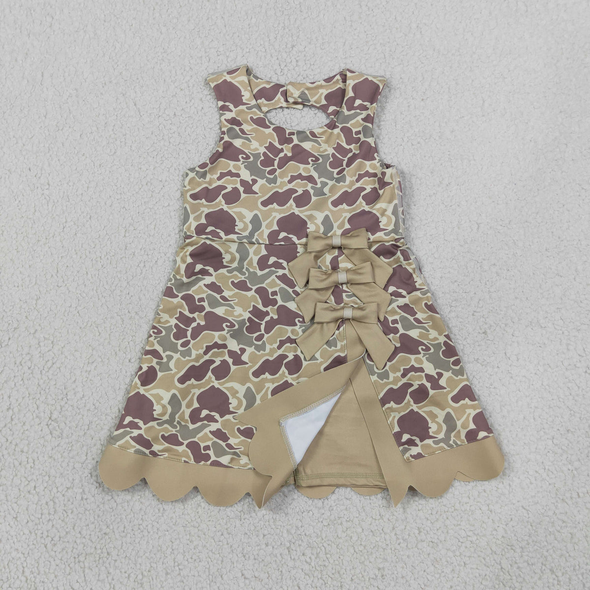 GSD4228 Baby Girls Khaki Camo Yoga Active Short Bows Scallop Knee Length Dress