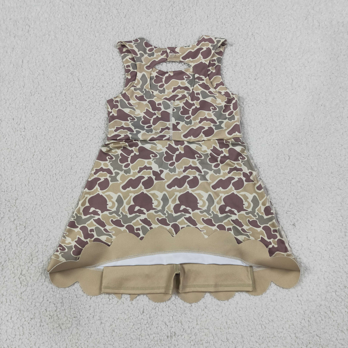 GSD4228 Baby Girls Khaki Camo Yoga Active Short Bows Scallop Knee Length Dress