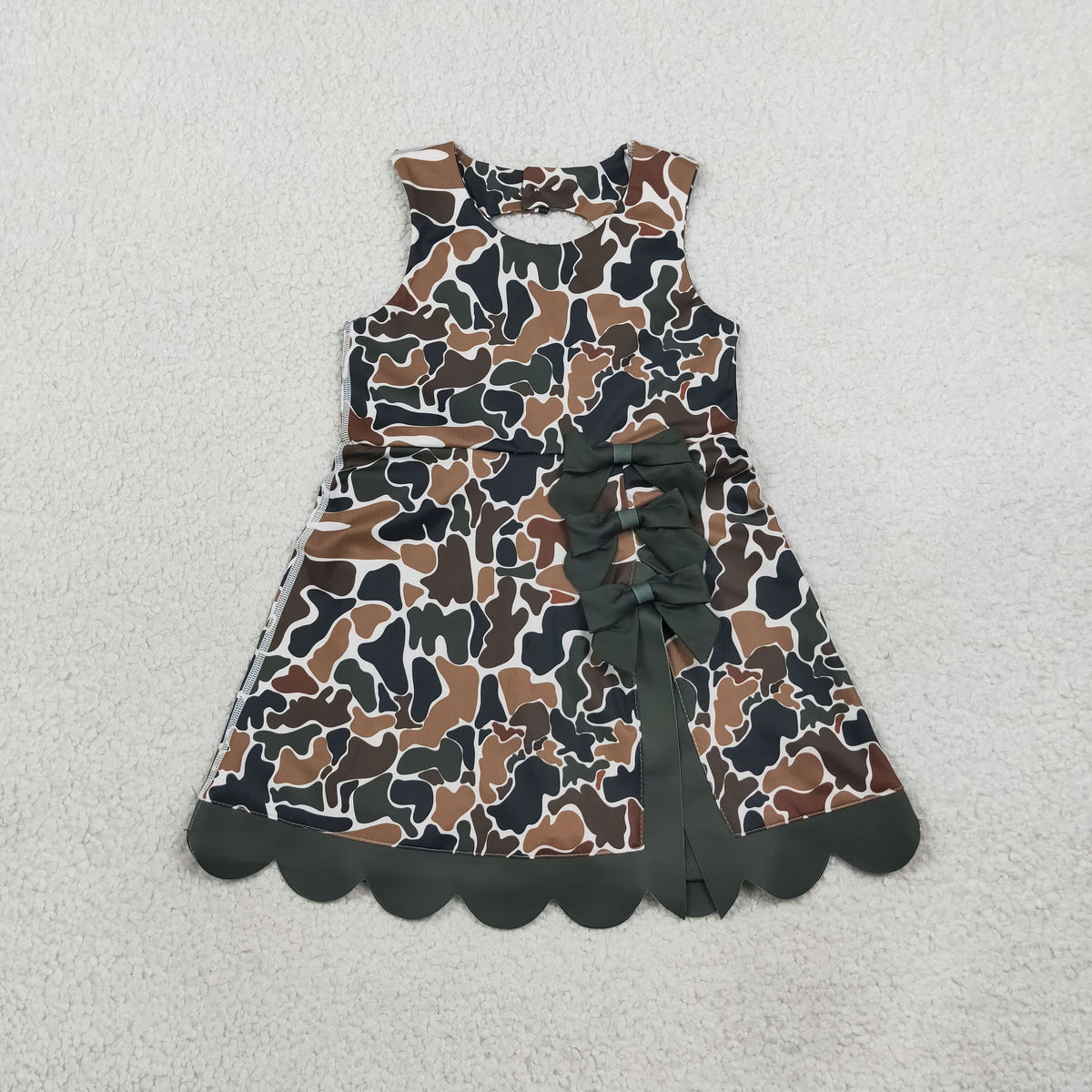 GSD4229 Baby Girls Dark Brown Camo Yoga Active Short Bows Scallop Knee Length Dress